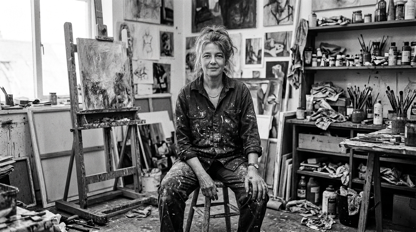 Candid black and white portrait of an artist in their studio