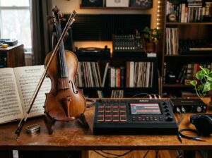 Classical violin resting next to modern electronic synthesizer