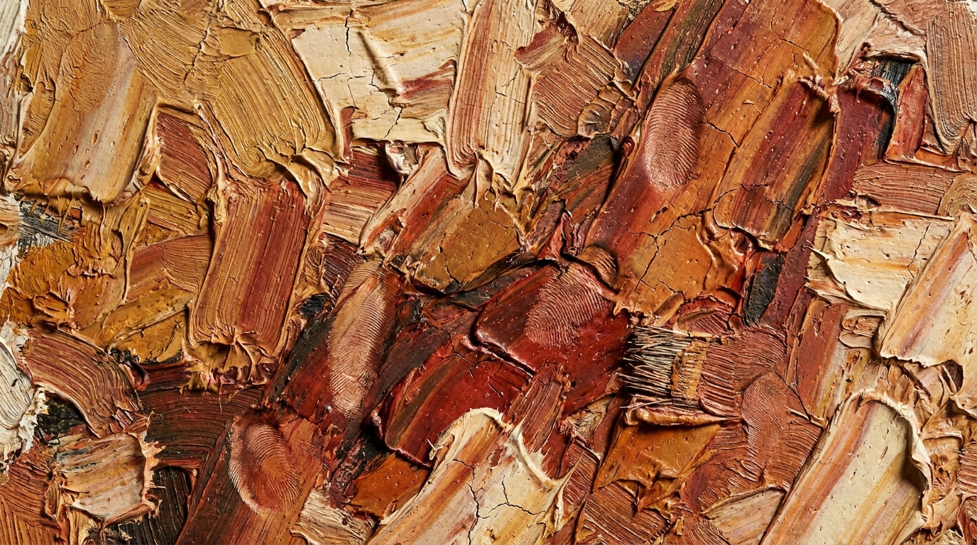 Close up of textured abstract oil painting showing human brushstrokes