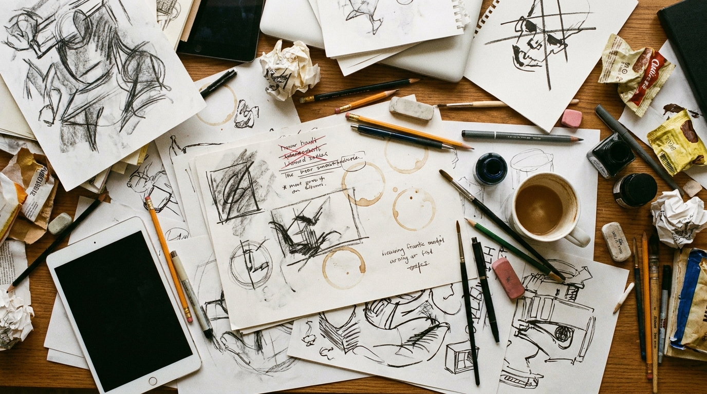Cluttered creative workspace with sketches and crossed out notes