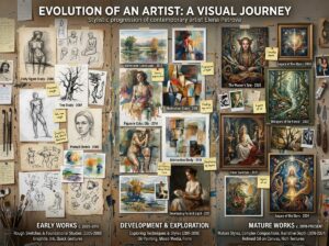 Collage showing the evolution of an artists creative style