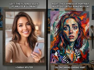Comparison of filtered selfie and expressive distorted painted portrait