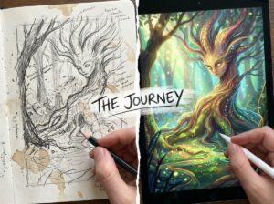 Comparison of rough initial sketch and polished final artwork