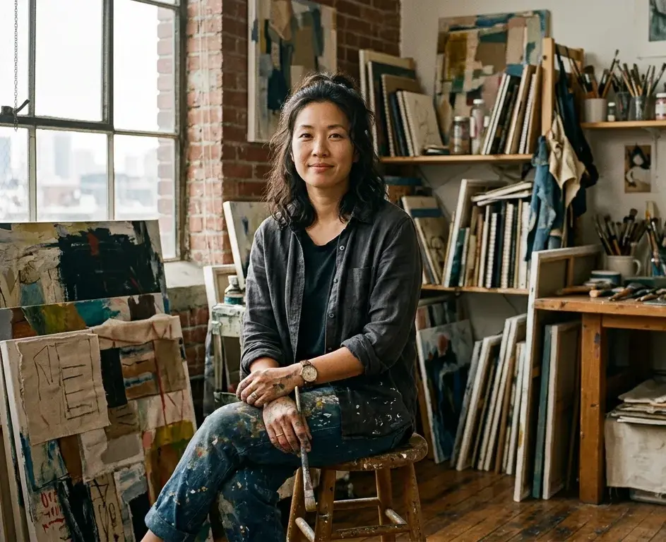 Contemporary artist seated among unfinished works in a studio