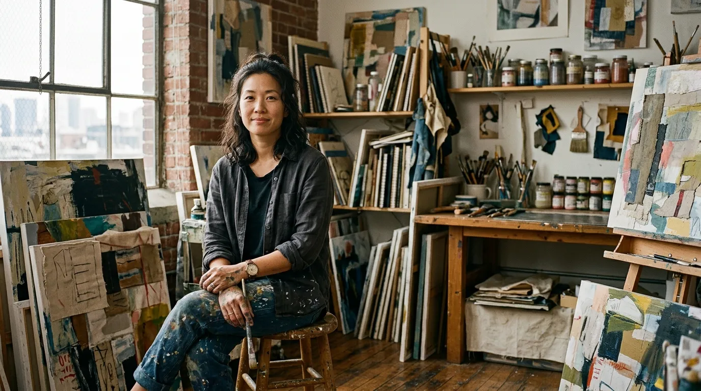 Contemporary artist seated among unfinished works in a studio