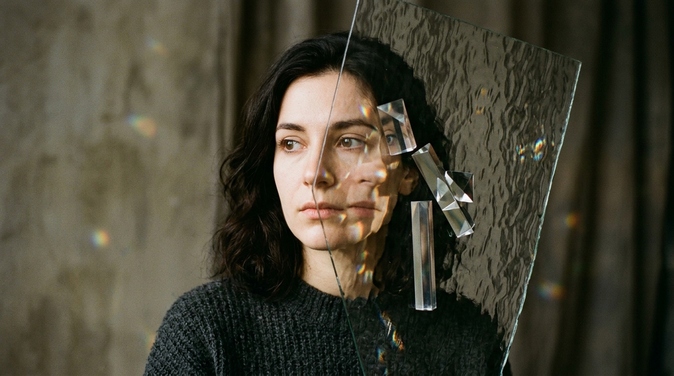 Contemporary portrait with face distorted through rippled glass