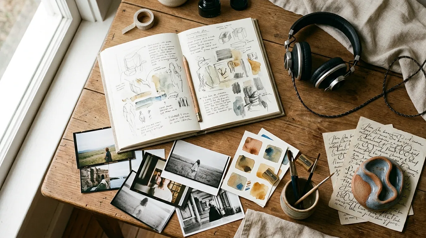 Creative desk with art, music, photography, and writing materials