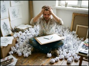Frustrated artist sitting among crumpled pieces of paper