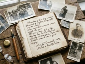Handwritten journal and faded photographs representing memory