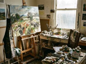 Messy artist studio with paint and unfinished canvas
