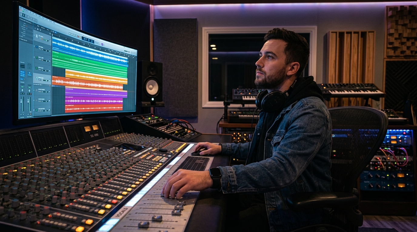 Music producer working on audio mixing console in dark studio