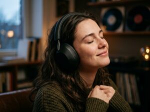 Person wearing headphones listening to music with eyes closed