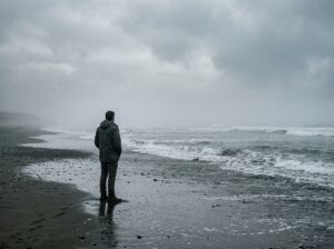 Solitary figure looking at the ocean on a misty beach