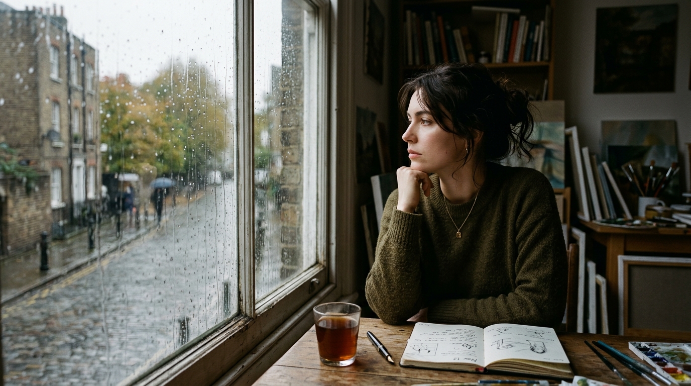 Thoughtful artist looking out of a rain-streaked window