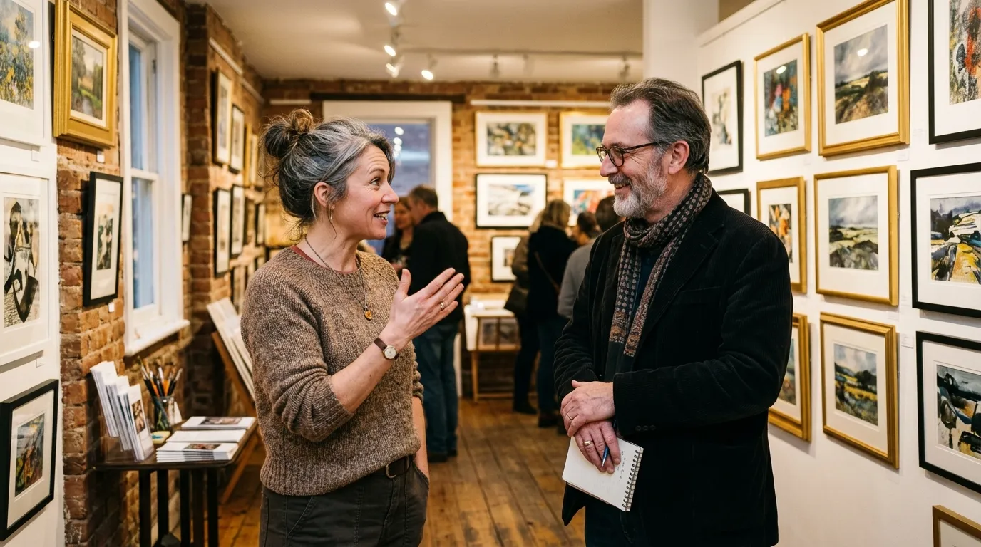 Two artists having a thoughtful conversation in an independent gallery