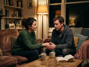 Two people having a deep conversation in a cozy room
