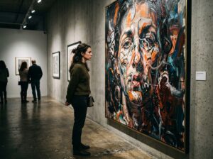 Viewer examining a large abstract distorted portrait in a gallery