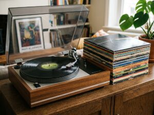 Vintage record player playing a vinyl record