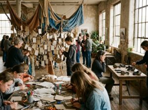 Visitors taking part in a climate art project